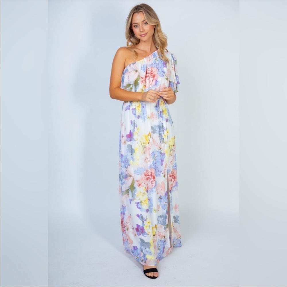 White Birch Garden Diva Pastel Floral One-Shoulder Maxi Dress S - Picture 4 of 5